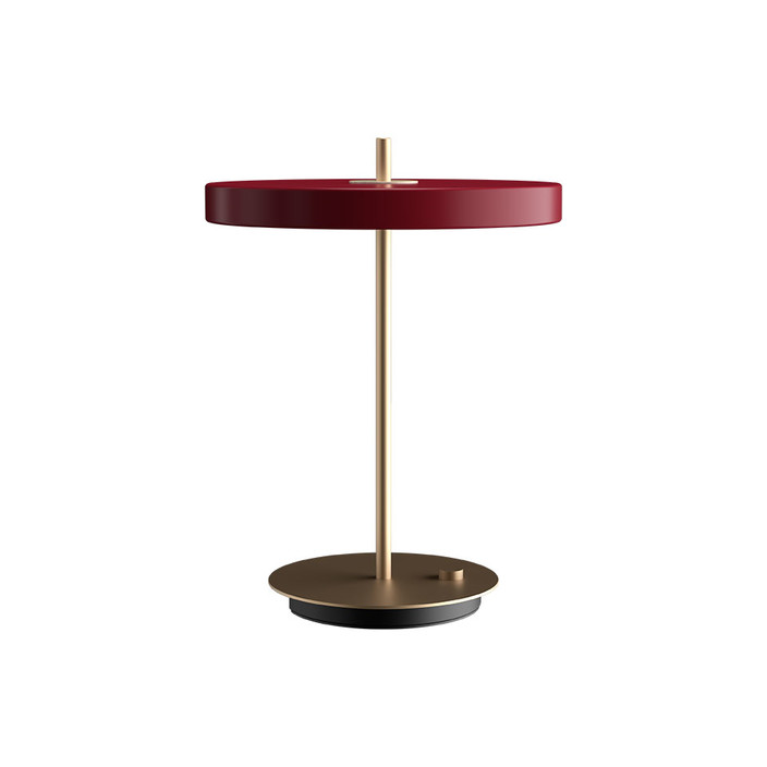 Elegantná dizajnová stolová lampa so zabudovaným LED panelom a difúzorom obsahujúca skrytý USB port na nabíjanie mobilného telefónu (červená)