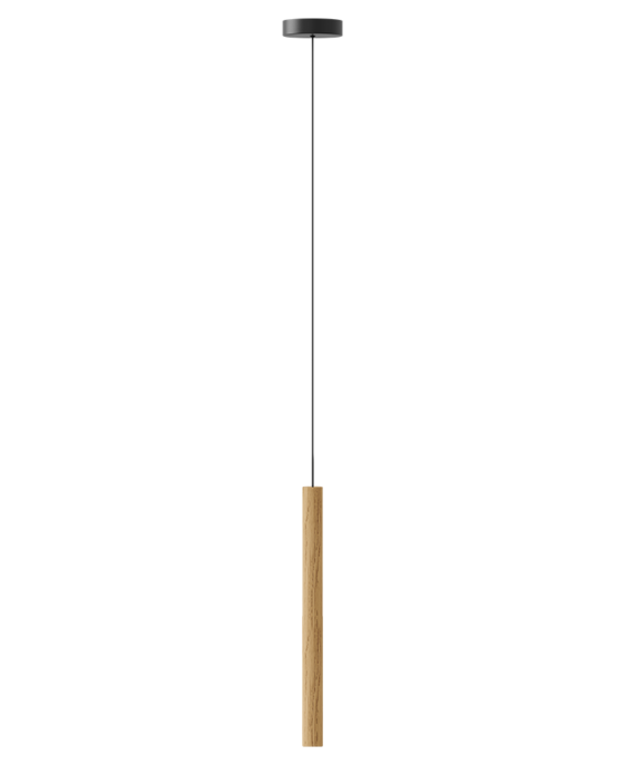 Závesná lampa UMAGE Chimes. Kombinácia svetlého alebo tmavého dreva, čierna s čiernym textilným káblom