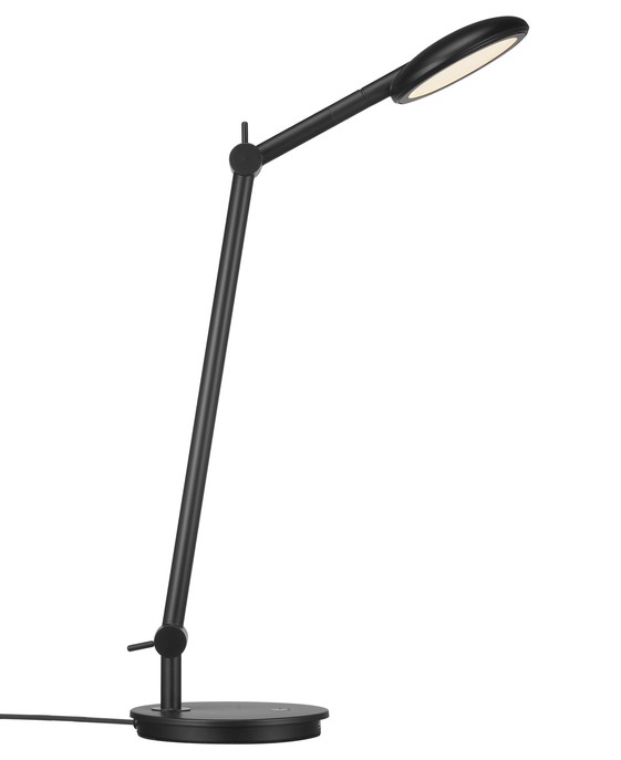 Stolová lampa Bend od Nordluxu s nastaviteľnou hlavou a ramenom, plynule stmievateľná dotykom, s USB vstupom na dobíjanie iných zariadení, v čiernej farbe