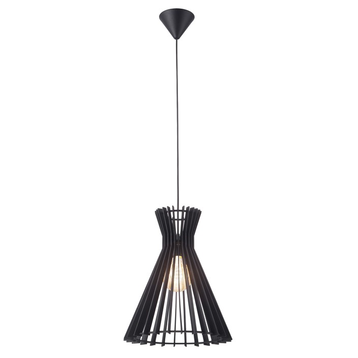 Originálna lamelová závesná lampa Nordlux Groa 34 z drevených lamiel, v prírodnej hnedej alebo miešanej čiernej farbe. Vyberte si ideálnu dizajnovú žiarovku na zvýraznenie dojmu. (čierna)