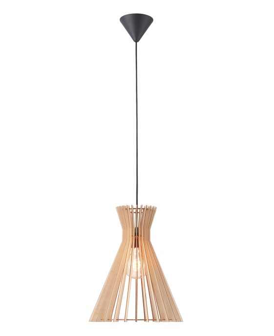 Originálna lamelová závesná lampa Nordlux Groa 34 z drevených lamiel, v prírodnej hnedej alebo miešanej čiernej farbe. Vyberte si ideálnu dizajnovú žiarovku na zvýraznenie dojmu.