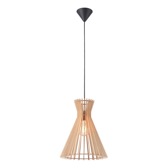 Originálna lamelová závesná lampa Nordlux Groa 34 z drevených lamiel, v prírodnej hnedej alebo miešanej čiernej farbe. Vyberte si ideálnu dizajnovú žiarovku na zvýraznenie dojmu. (drevo)