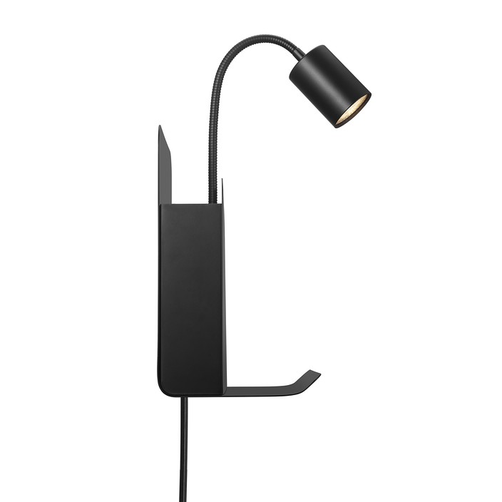 Multifunkčná nástenná lampička Roomi od Nordluxu s priehradkou na časopisy, poličkou na odkladanie vecí, s USB vstupom na dobíjanie a nastaviteľným ramenom na presné nasmerovanie svetelného lúča. K dispozícii v čiernej a bielej farbe. (čierna)
