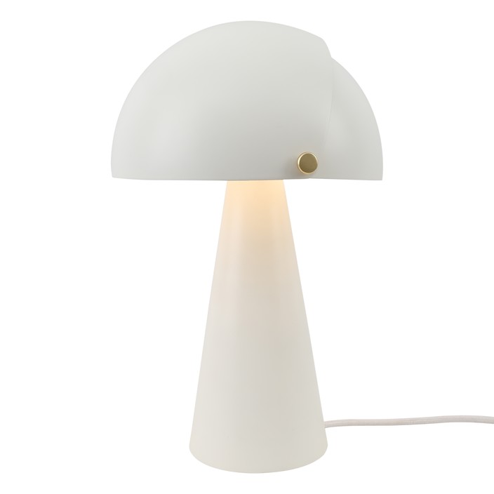 Originálne stolové svietidlo Align od Nordluxu v matnom zamatovom vyhotovení s detailmi z brúsenej mosadze. Tienidlo lampy sa skladá z vnútorného staitckého a vonkajšieho pohyblivého, ktoré si môžete prispôsobiť podľa vašich potrieb. Môžete si vybrať jednu z 8 farieb (biela)