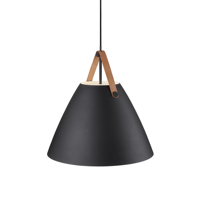 Severské, elegantné kovové závesné svietidlo Nordlux Strap s vymeniteľnými koženými remienkami (čierna)