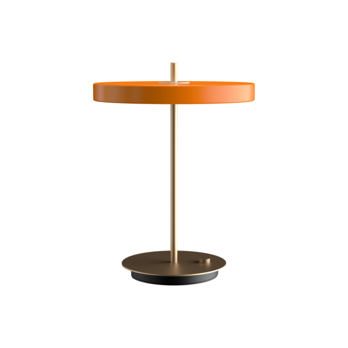 Elegantná dizajnová stolová lampa so zabudovaným LED panelom a difúzorom obsahujúca skrytý USB port na nabíjanie mobilného telefónu (oranžová)
