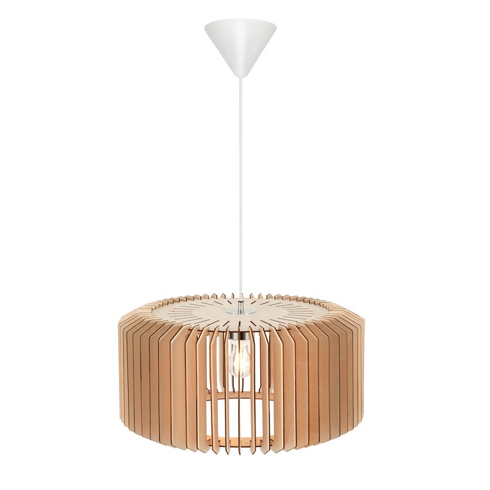 Dizajnové závesné svetlo Asti od Nordluxu tvoria drevené lamely, ktoré budú vyzerať skvele v kombinácii s dizajnovou žiarovkou. ( Priemer: Ø50cm (rozbalené))