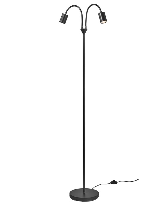 Minimalistická stojacia lampička Nordlux Explore s dvoma tienidlami na flexibilných ramenách.