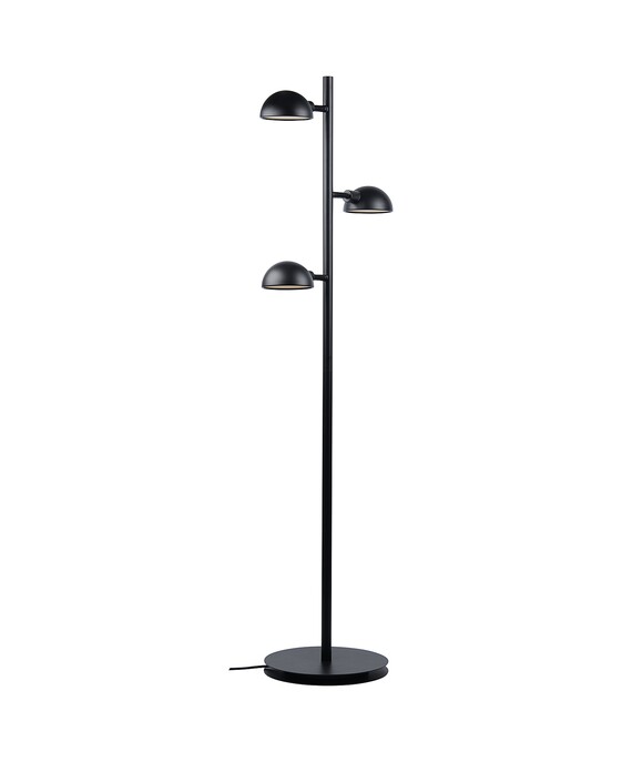 Stojacia lampa Nomi s nastaviteľnou hlavou troch tienidiel v minimalistickom čiernom vyhotovení.