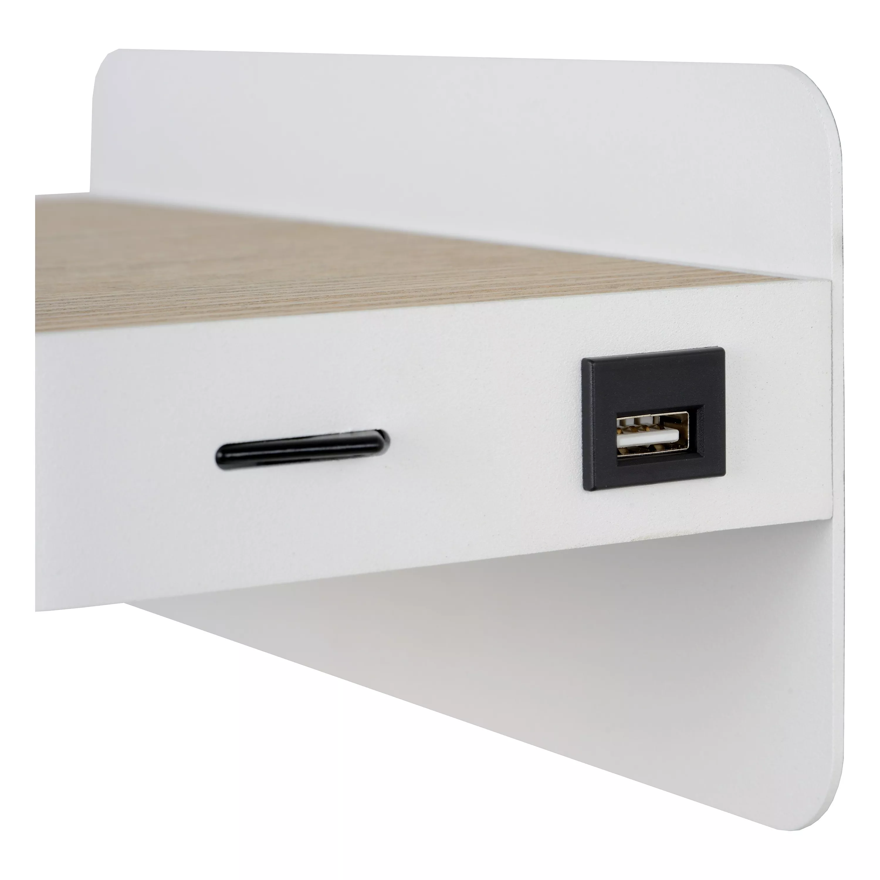 Multifunkčné nástenné svietidlo Atkin v bielej farbe so skrytým zdrojom a zabudovaným USB portom.