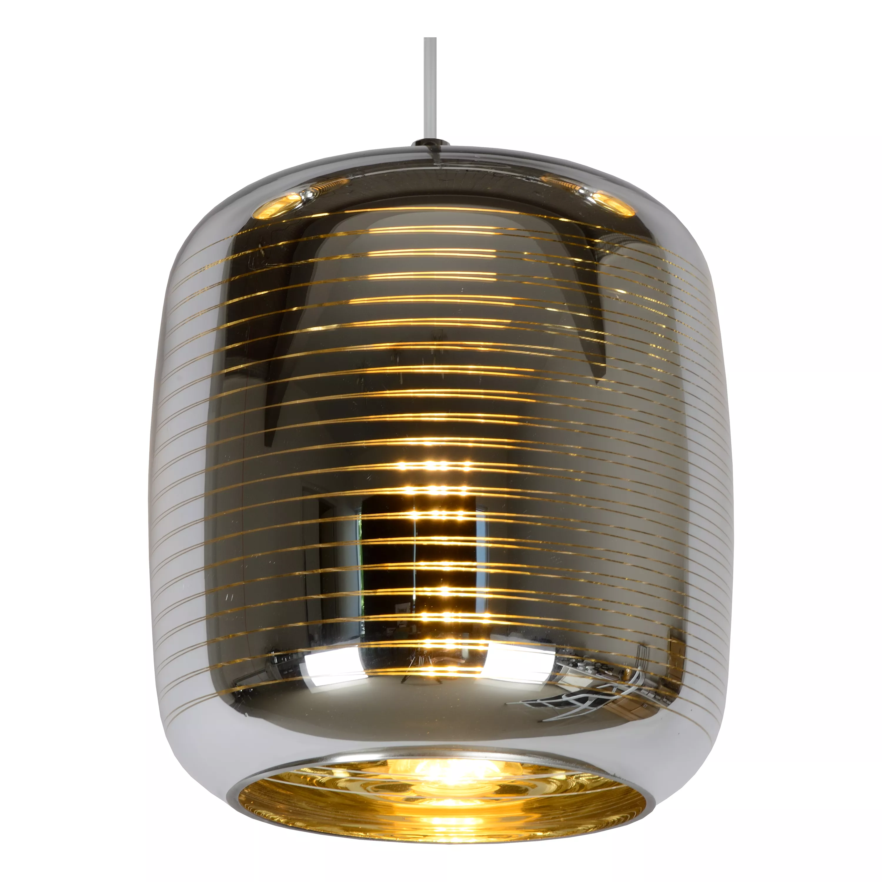 Luxusné závesné svietidlo Eryn v kombinácii zlatej farby a chrómu s pruhovaným vzorom.