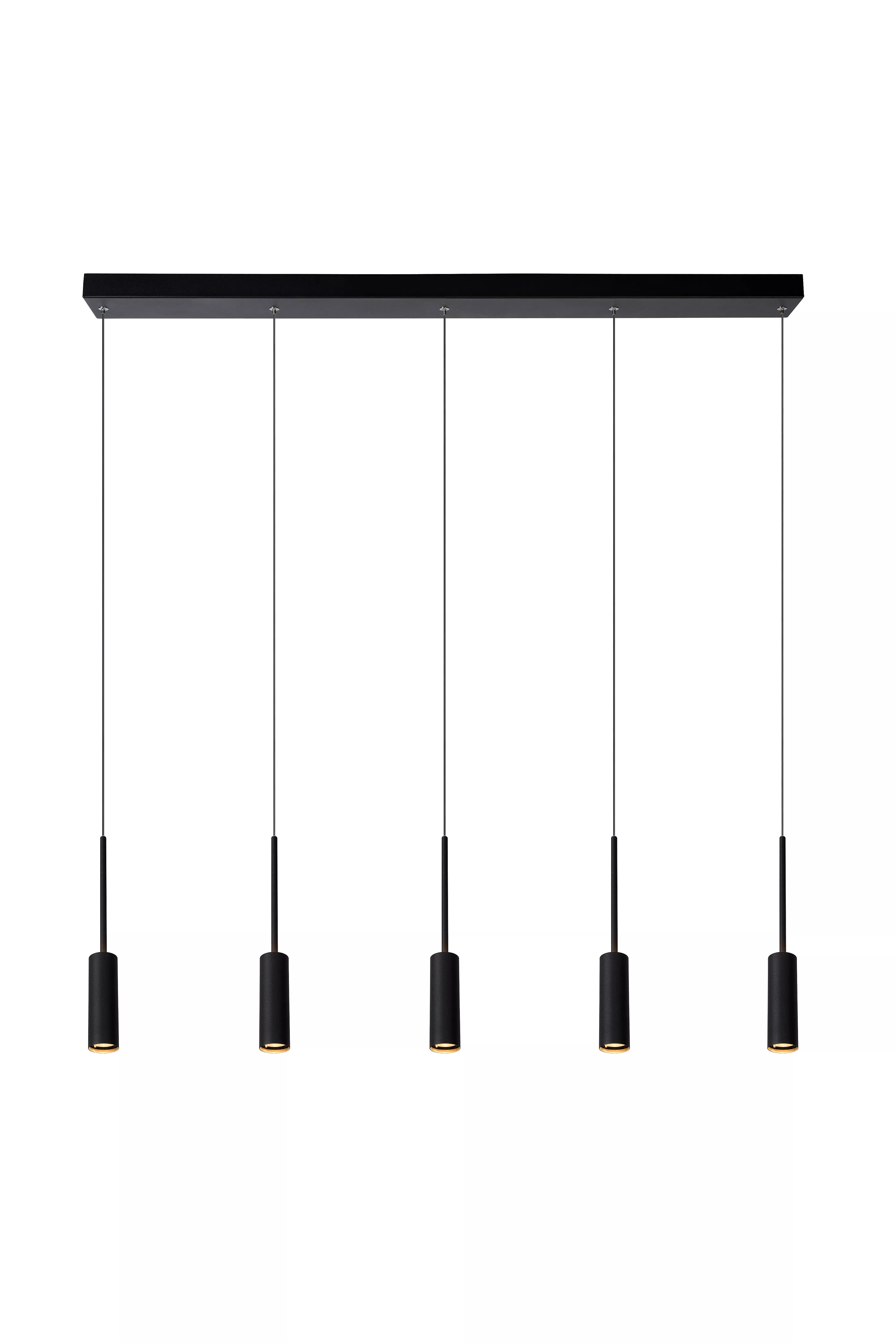 Závesné svietidlo Tubule s piatimi tienidlami a zabudovaným LED zdrojom je ideálnym riešením nad jedálenský stôl.