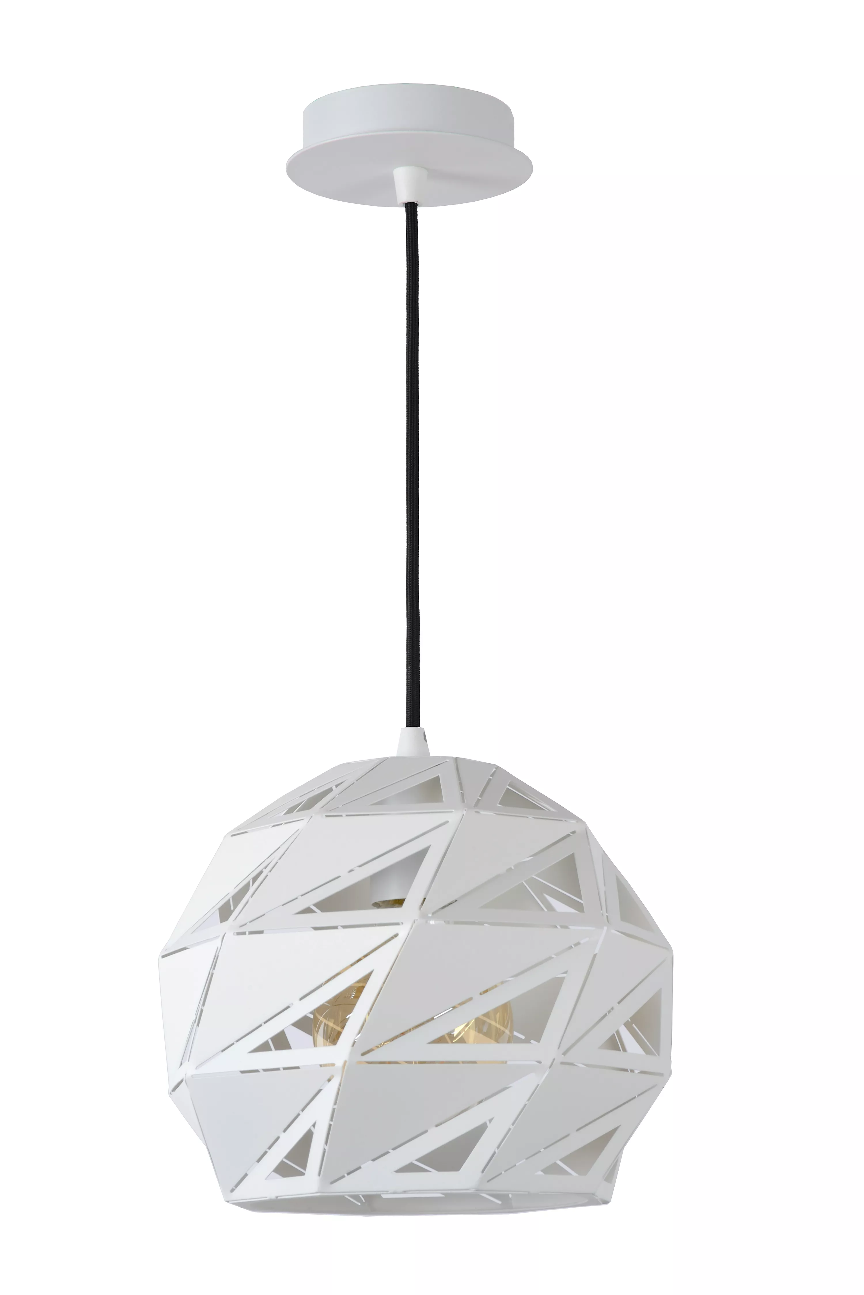 Závesné svietidlo Malunga od Lucide s trojuholníkovou perforáciou v bielom vyhotovení rozžiari akýkoľvek interiér.