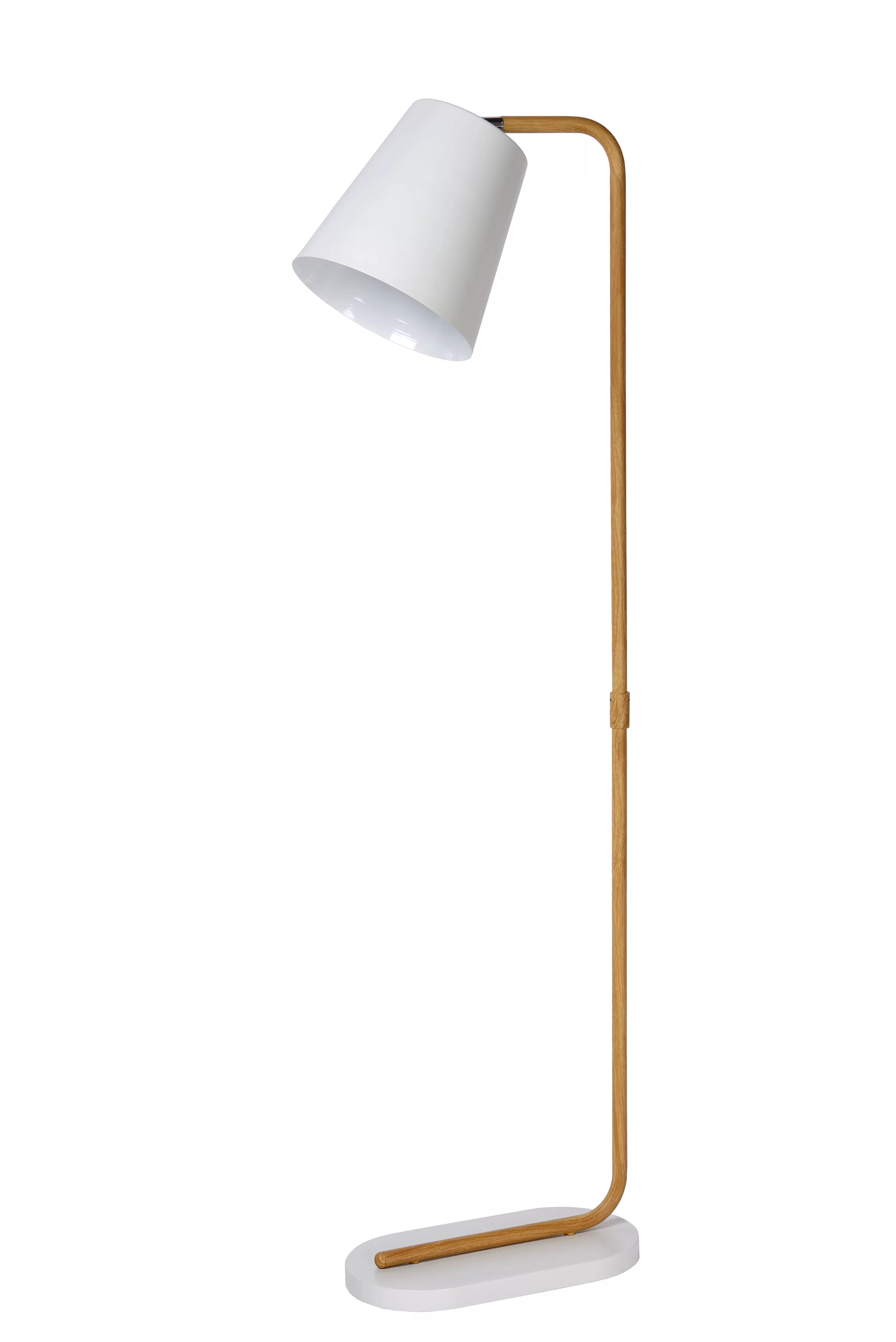 Stojacia lampa Cona v bielom vyhotovení s kovovou tyčou s motívom dreva a otočným kĺbom na jednoduché nastavenie tienidla.