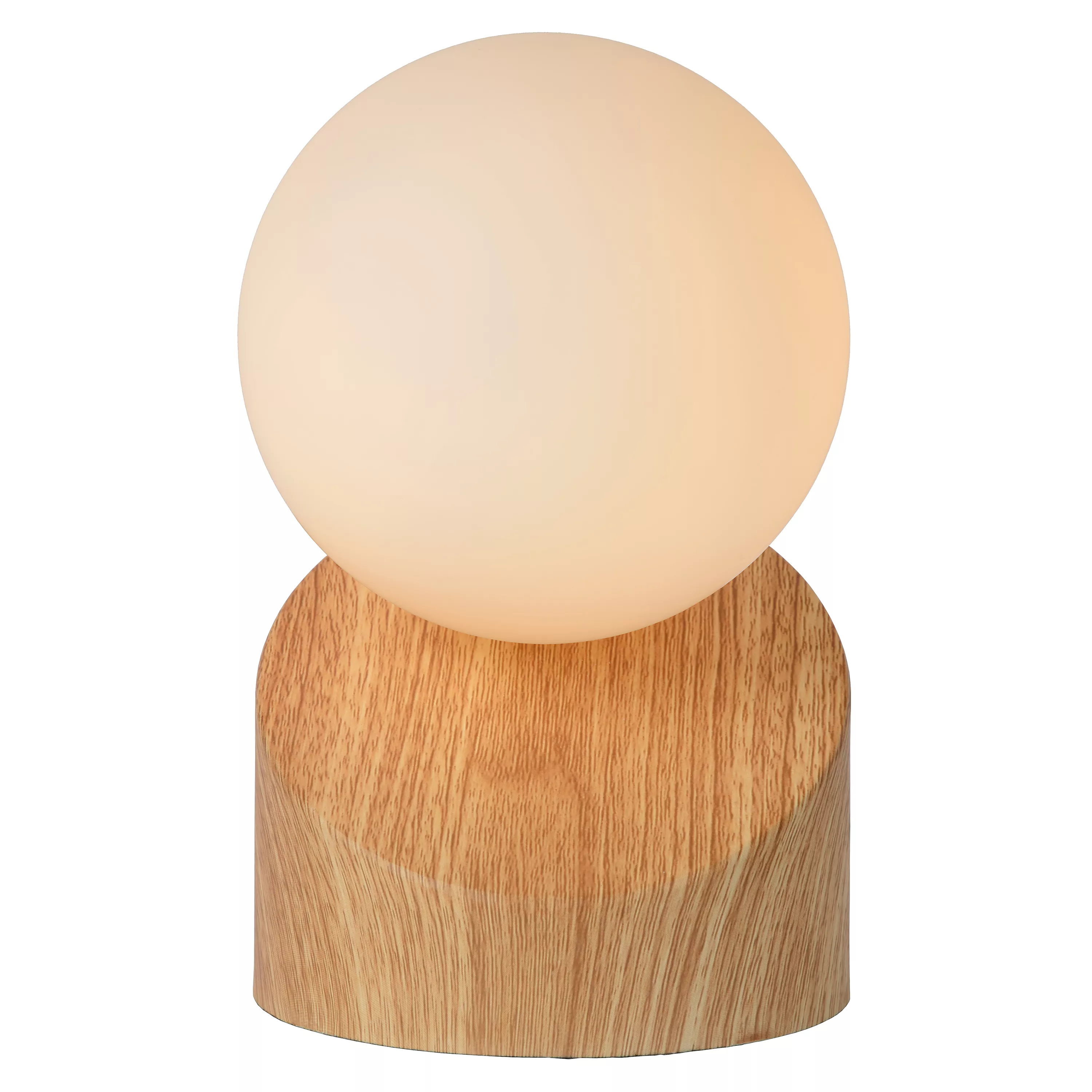 Asymetrická stolová lampička Len s kovovou základňou a opálovou sklenenou kupolou poskytuje príjemne rozptýlené svetlo.