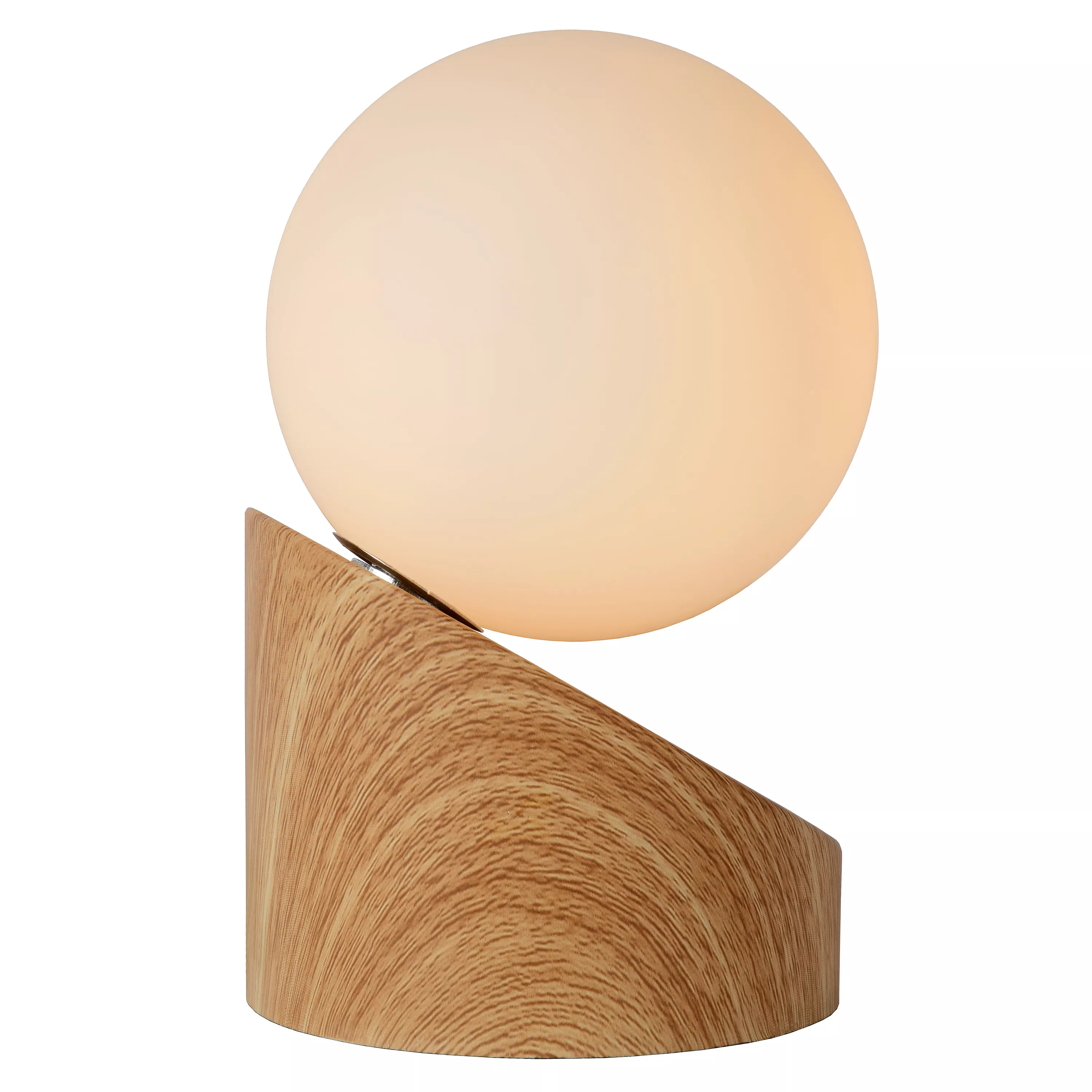 Asymetrická stolová lampička Len s kovovou základňou a opálovou sklenenou kupolou poskytuje príjemne rozptýlené svetlo.