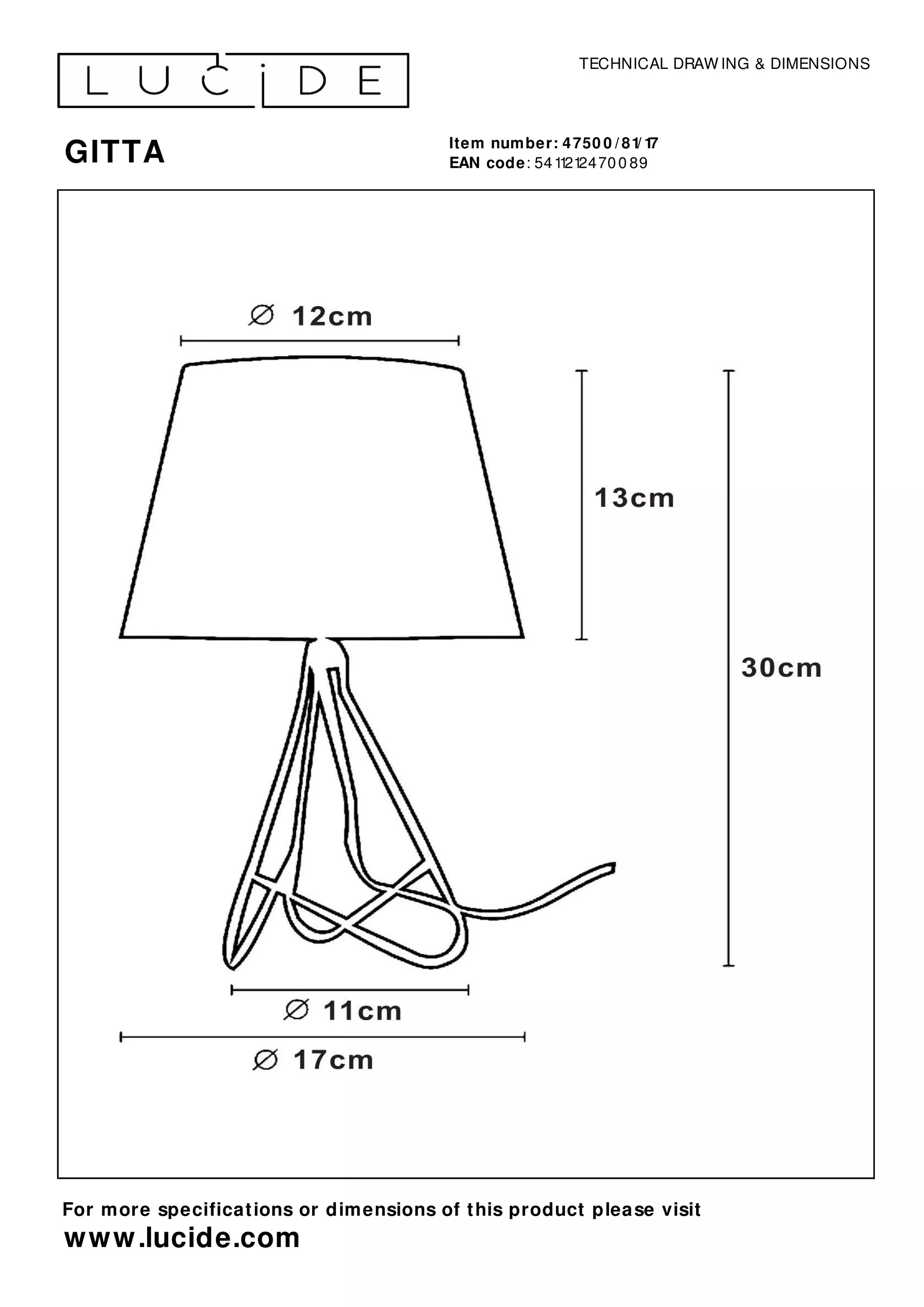 Klasická stolová lampička Gitta kombinuje medenú základňu a textilné tienidlo.