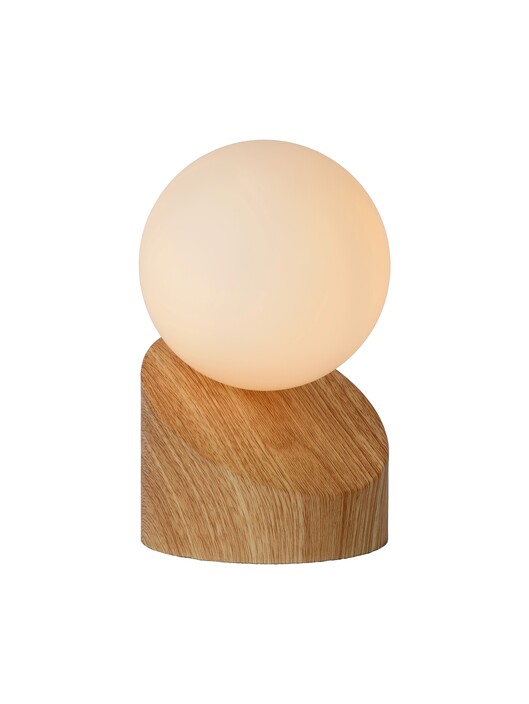 Asymetrická stolová lampička Len s kovovou základňou a opálovou sklenenou kupolou poskytuje príjemne rozptýlené svetlo. (drevo, opálové sklo)
