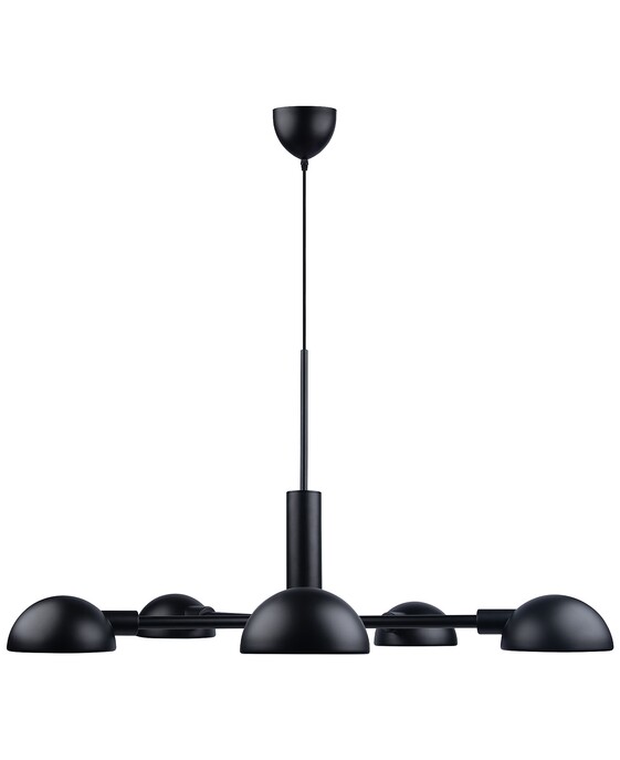 Závesné svietidlo Nomi v minimalistickom čiernom vyhotovení s 5 tienidlami sa skvele hodí do kuchyne alebo obývačky.