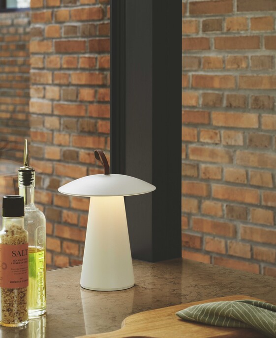 Malá prenosná lampička Ara To Go od Nordluxu ideálne osvetlí vašu terasu či balkón. Dva farebné varianty – čierny a biely – sú doplnené koženým pútkom. Tri stupne stmievania na nastavenie správneho osvetlenia.