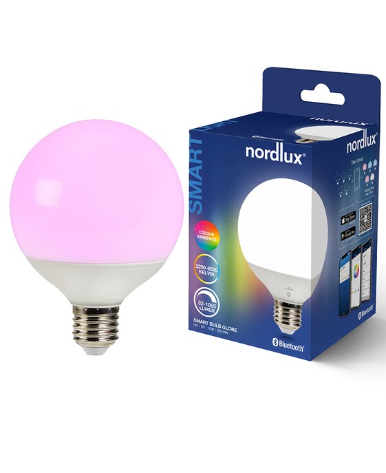 Inteligentná žiarovka od Nordluxu s nastaviteľnou teplotou farieb a až 16 miliónmi farieb, stmievateľná pomocou aplikácie Nordlux Smart Light alebo diaľkového ovládania.