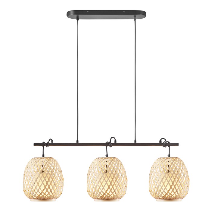 Závesné svítidlo Hisoka s 3 tienidlami kombinuje bambusové vlákna a látkové tienidlo. Svietidlo vyžaruje mäkké svetlo, vhodné do obývacej izby. (prírodná)