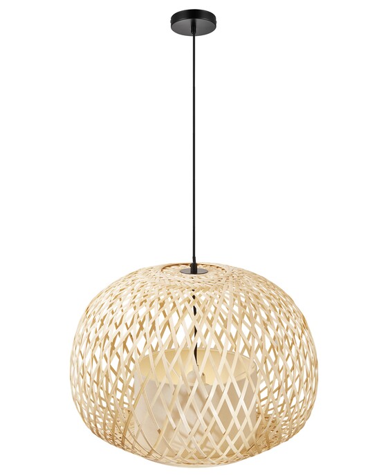Závesné svietidlo Hisoka kombinuje bambusové vlákna a látkové tienidlo. Svietidlo vyžaruje mäkké svetlo vhodné do obývacej izby.