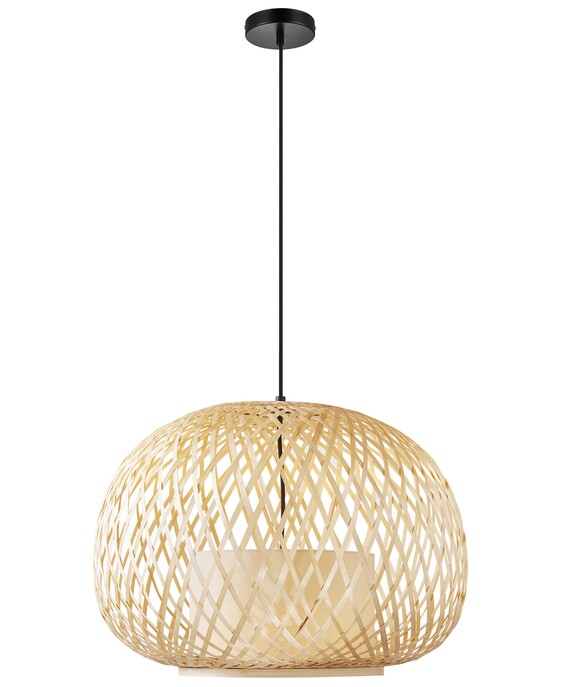 Závesné svietidlo Hisoka kombinuje bambusové vlákna a látkové tienidlo. Svietidlo vyžaruje mäkké svetlo vhodné do obývacej izby.