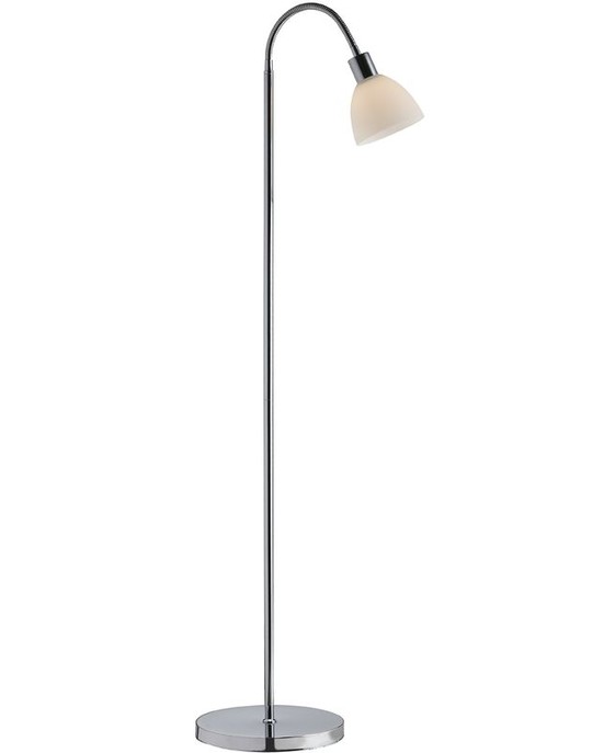 Stojacia lampa s chrómovou základňou a nastaviteľným tienidlom z opálového skla alebo čierneho kovu 