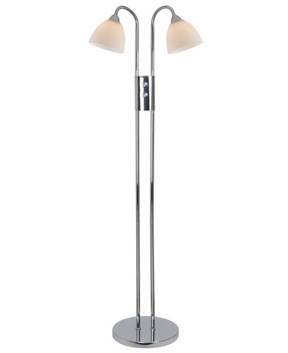 Dvojitá stojacia lampa Nordlux Ray s chrómovou alebo bielou základňou a nastaviteľnými tienidlami z opálového skla alebo čierneho kovu