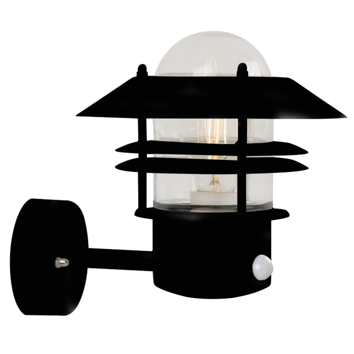 Krásne a elegantné vonkajšie nástenné svietidlo v klasickom funkčnom dizajne v štyroch vyhotoveniach so senzorom pohybu (čierna)