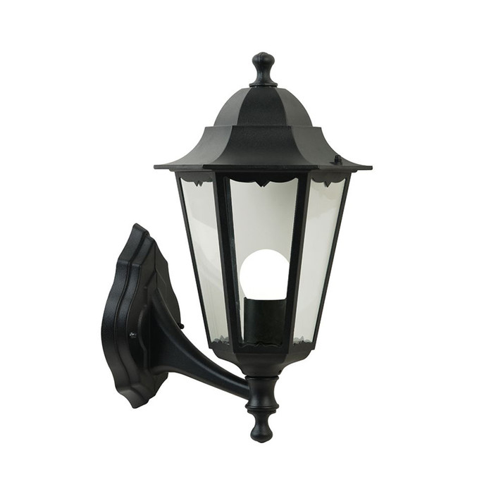 Krásne elegantné vonkajšie nástenné svietidlo v retro dizajne z čierneho kovu so sklenenými priehľadmi s hlavou lampy smerujúcou nahor (čierna)
