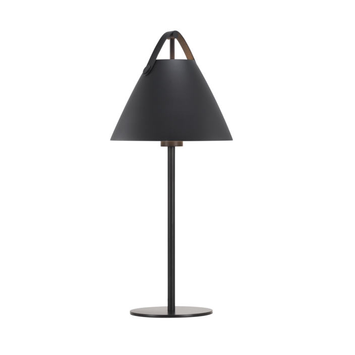Stolová lampička Strap od Nordluxu – trendová kombinácia kovu a kože (čierna)