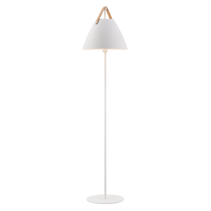 Stojacia lampa Strap od Nordluxu – trendová kombinácia kovu a kože (biela)