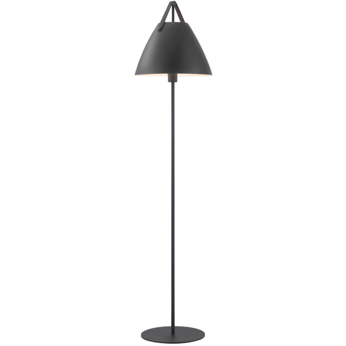 Stojacia lampa Strap od Nordluxu – trendová kombinácia kovu a kože (čierna)