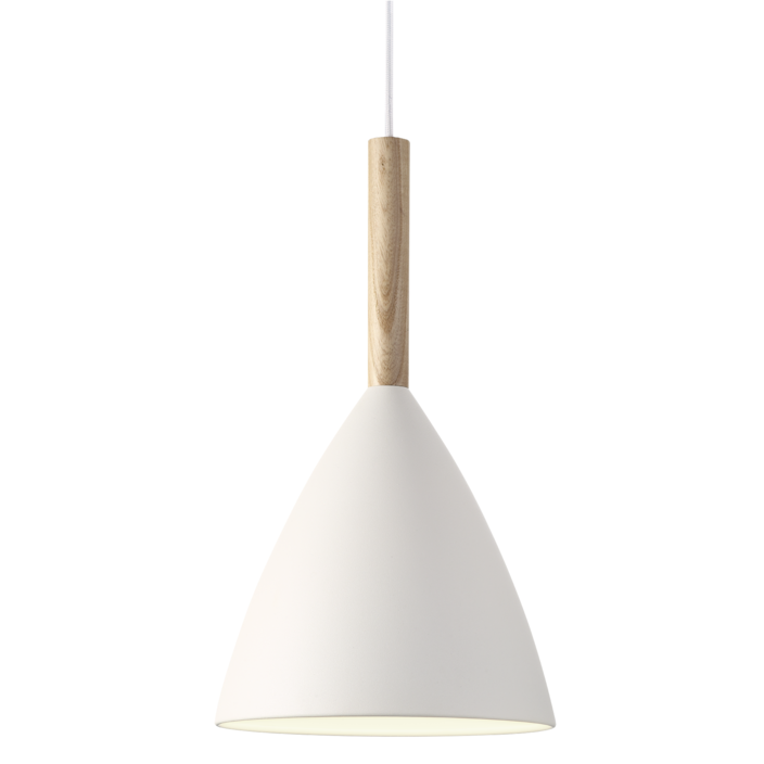 Lampa Pure 20 Nordic od Nordluxu s elegantnou špičkou z orechového dreva v kombinácii s bielym, čiernym alebo sivým kovovým tienidlom. (biela, jaseň)