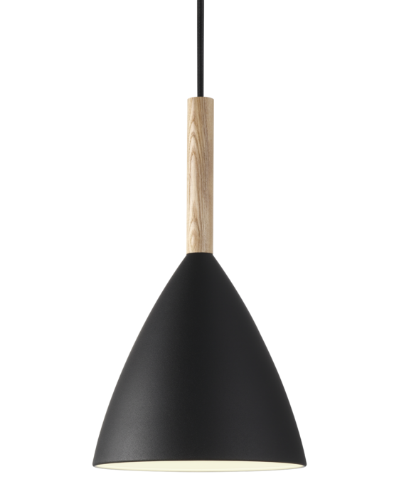 Lampa Pure 20 Nordic od Nordluxu s elegantnou špičkou z orechového dreva v kombinácii s bielym, čiernym alebo sivým kovovým tienidlom.