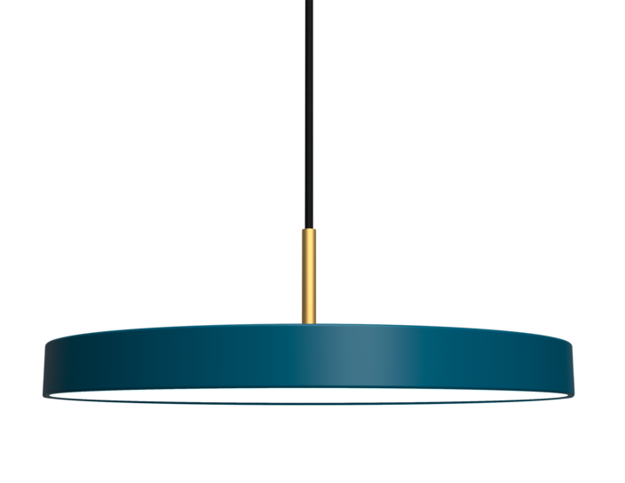 Jednoduchá a originálna závesná lampa UMAGE Asteria v tvare disku. Kovové tienidlo, LED žiarovka. Šesť farieb (petrolejová)