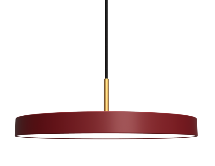 Jednoduchá a originálna závesná lampa UMAGE Asteria v tvare disku. Kovové tienidlo, LED žiarovka. Šesť farieb (červená)